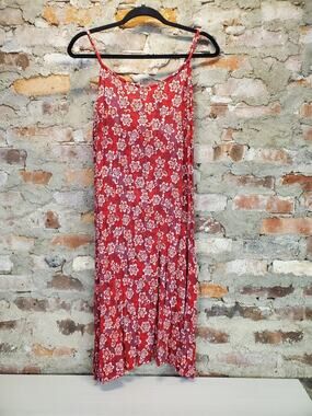 Gabrielle Womens Maxi Dress M Red Floral Rayon Spaghetti Strap Summer Flowy